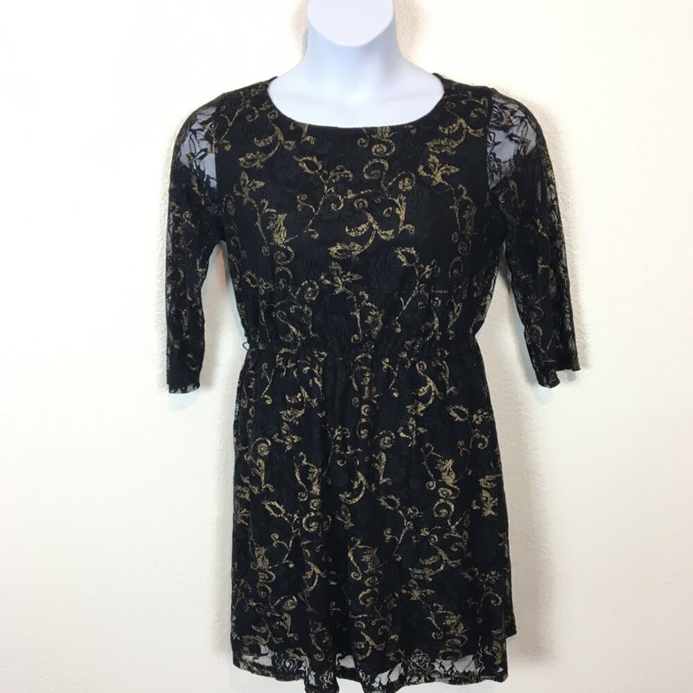 Lace Party Dress Funky 90s y2k Goth Wanna Be Black Lace Mini Dress with Gold